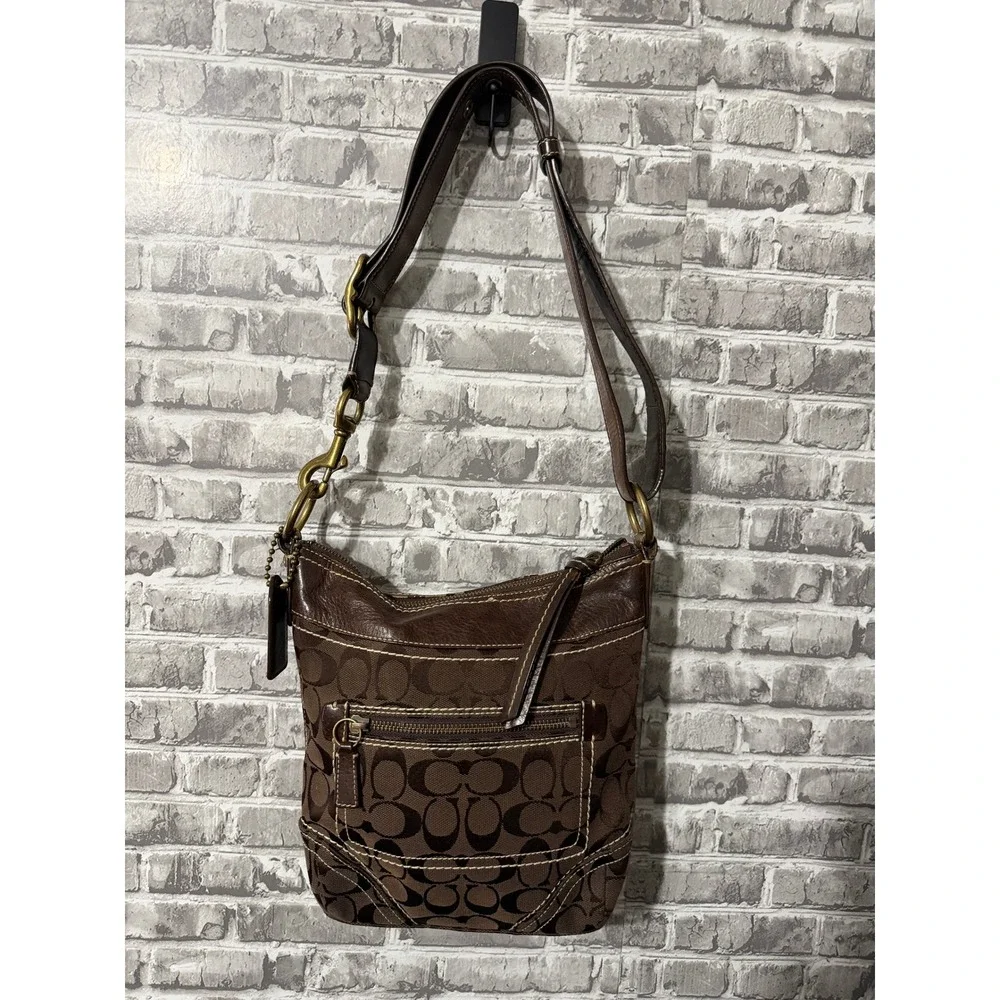 Coach Signature Jacquard Crossbody Bag Brown Leather Trim Brass Hardware